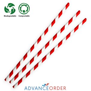 Red & White Compostable Paper Straws (197x6x6mm) 1x250