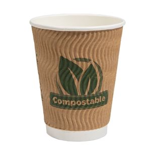 Aqueous 12oz Ripple Wall Compostable Paper Hot Cup (Lid Ref CUP206) - 1x500