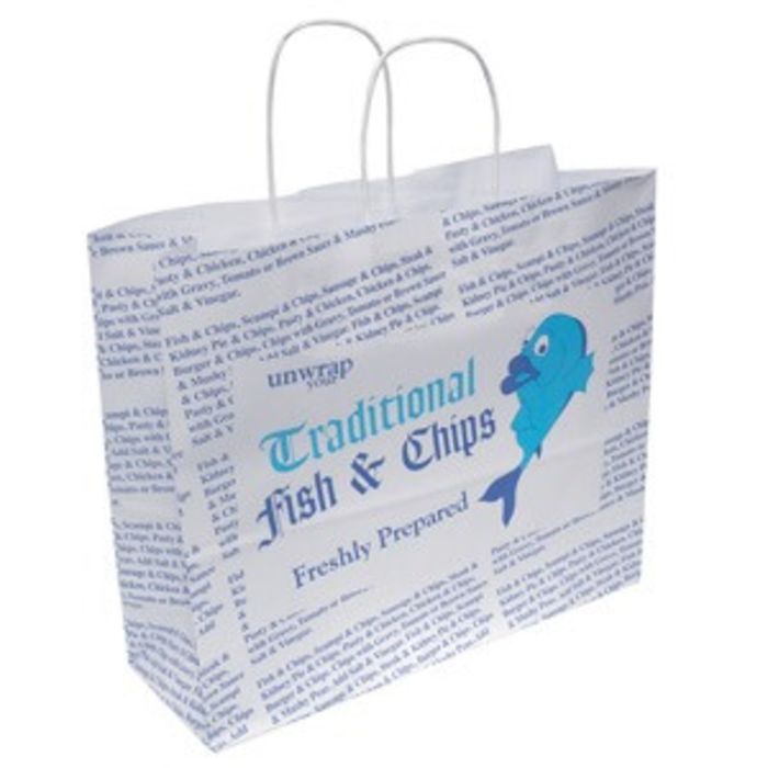 4Flame Fish & Chips Box Carrier Bags (Twisted Paper Handles B&W Print-1x125