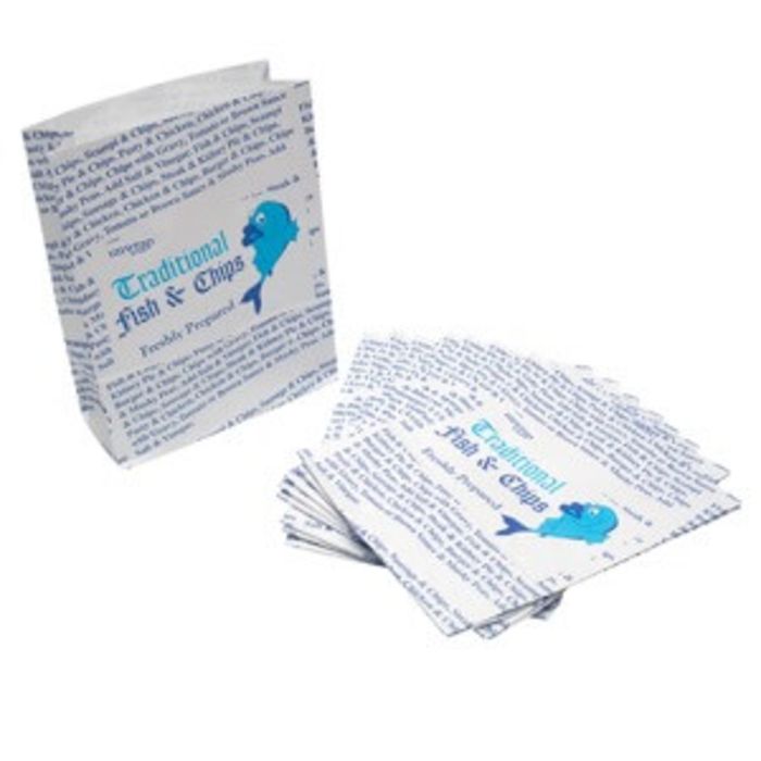 4Flame Fish & Chips Greaseproof Lined SOS2 Bags (B&W Print 175x240x230mm)-1x250