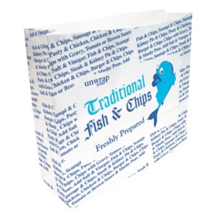 4Flame Fish & Chips Greaseproof Lined SOS3 Bags(B&W Print) (260x330x230mm)-1x250