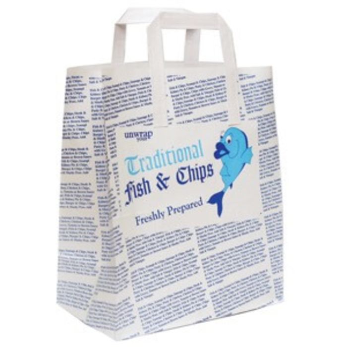4Flame Large Fish & Chips B&W Paper Carrier Bags (12"x5.5"x10")-1x125