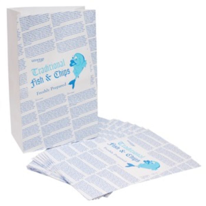 4Flame Medium Fish & Chips B&W Printed Kraft SOS Bags-(10"x15"x16”)-1x100