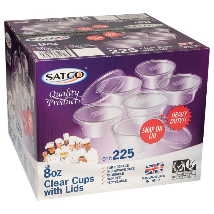 Satco 8oz Round Microwave Plastic Clear Cups with Lids-1x225