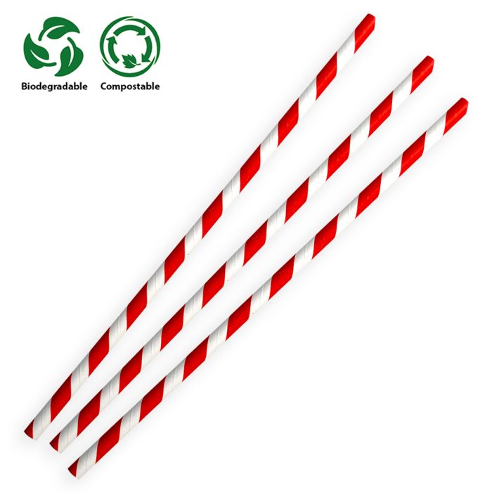 Red & White Compostable Paper Straws (197x6x6mm) 1x250
