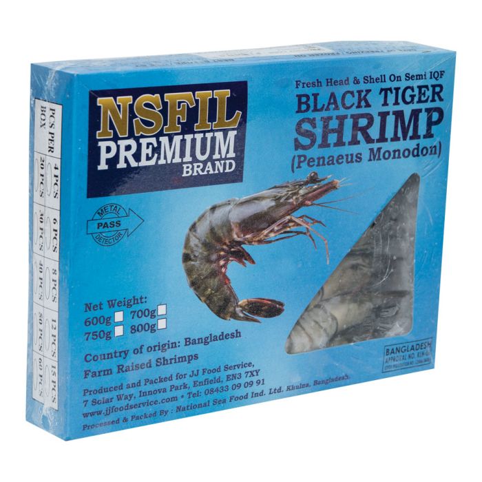NSFIL Premium Semi - IQF Raw HOSO Black Tiger Prawns(13/15, 750g net)-1x1kg