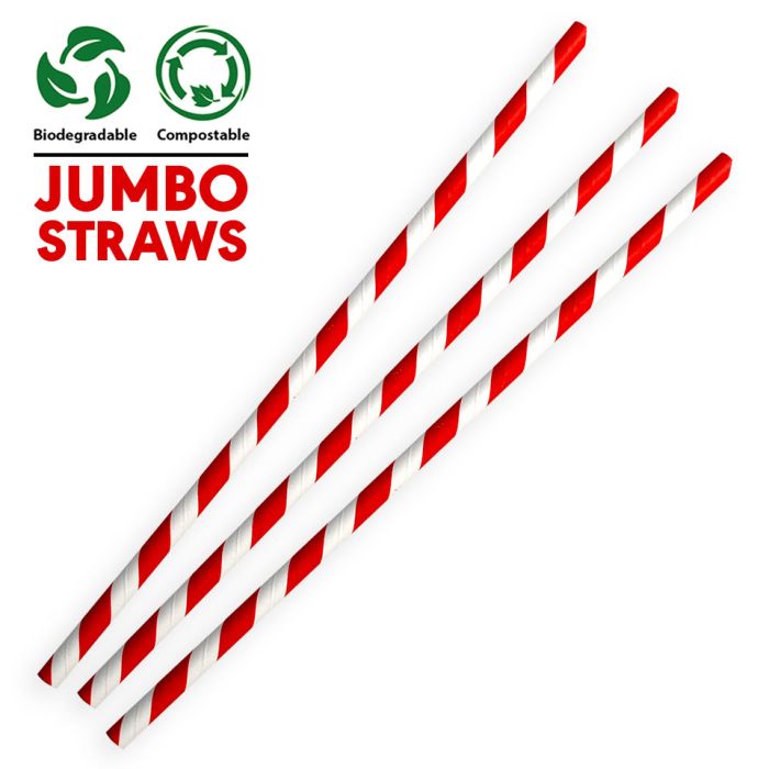 Jumbo Red & White Compostable Paper Smoothie Straws (230x8x8mm)1x250