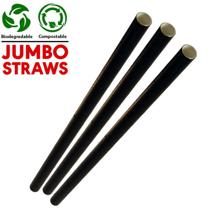 Jumbo Black Compostable Paper Smoothie Straws (230x8x8mm) 1x250