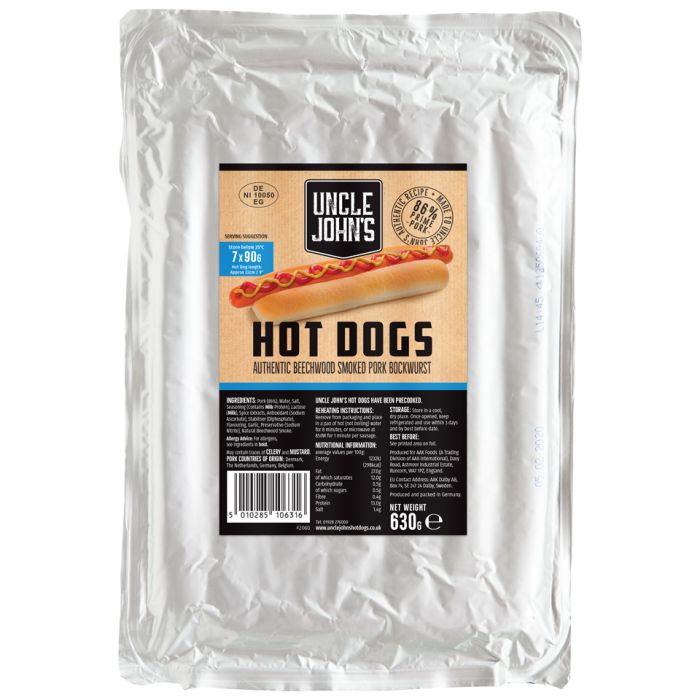 Uncle Johns Premium Beechwood Smoked 9" Bockwurst Hot Dogs 7x90g