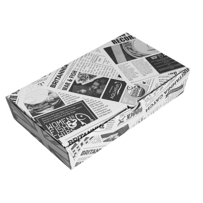 10" Newspaper Print Cardboard Fish & Chips Boxes (290x50x160mm) 1x100